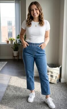Faded Glory Jeans Mom Pull On Vintage Elastic Waist Stretch Cotton Dark Wash